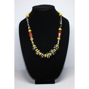 handcrafted Nigerian Trade Bead Necklace 24" yellow black custom copper clasp